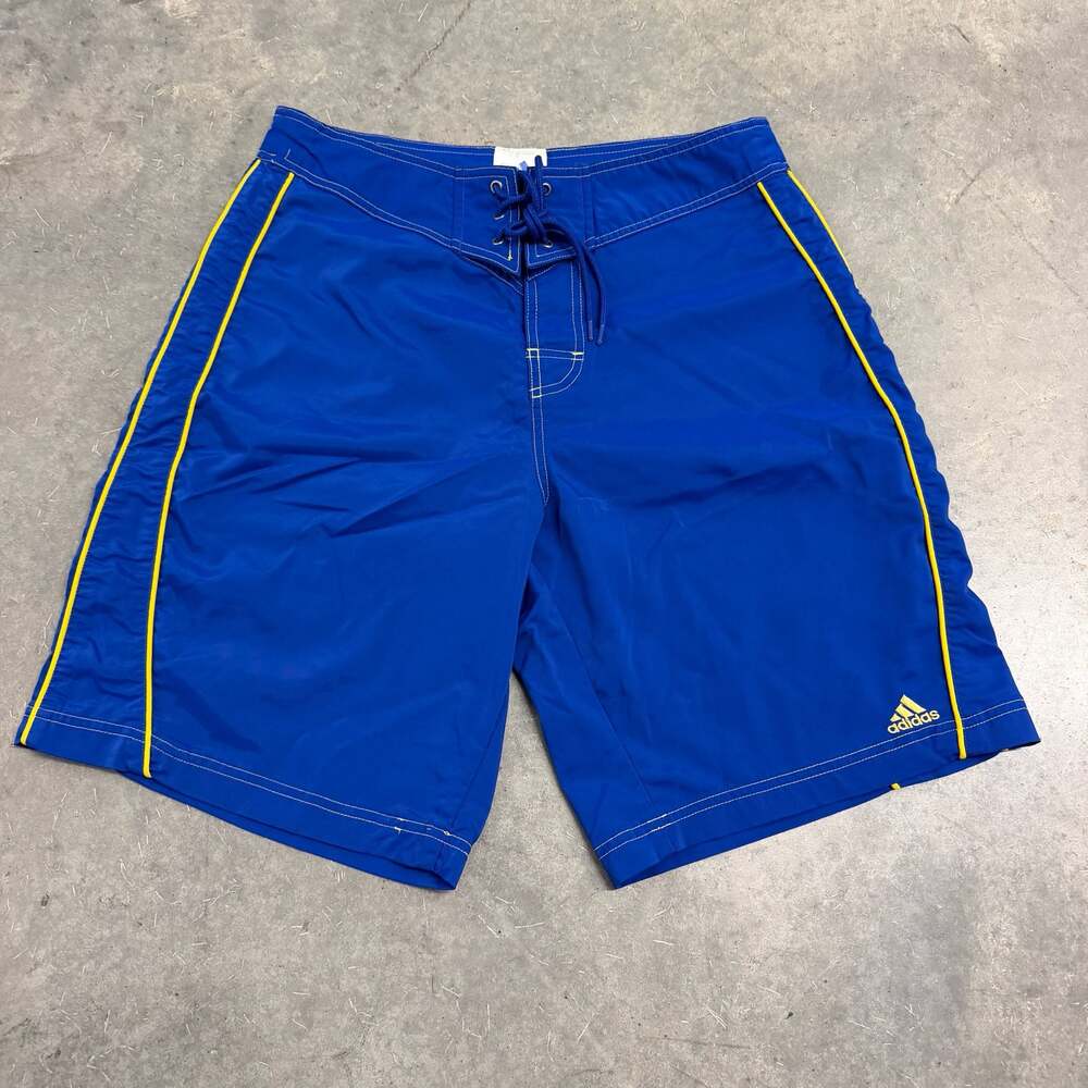 Vintage Adidas Y2K Blue and Yellow Board Shorts Size 32